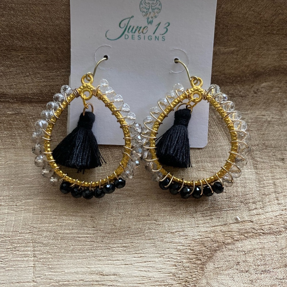 Handmade Gold and Black Tassel Teardrop Hoop Earrings